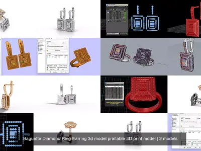 Baguette Diamond Ring Earring 3d model printable 3D print model 3D Model Pack