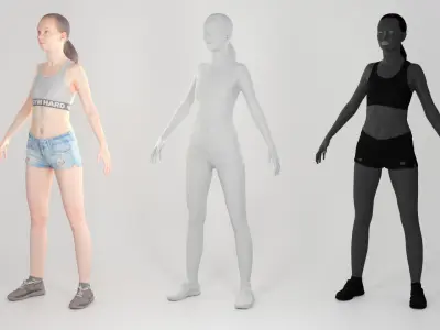 Athletic woman in jeans shorts ready for animation 155 Low-poly 3D model