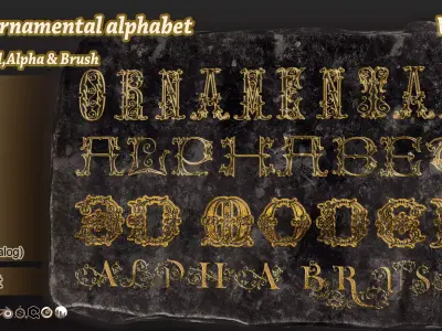 104 Ornamental alphabet 3D Model alpha and brush vol 17 Low-poly 3D model