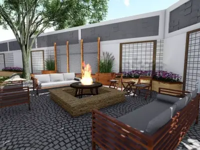 Backyard landsacpe design of modern house with fireplace 3D model