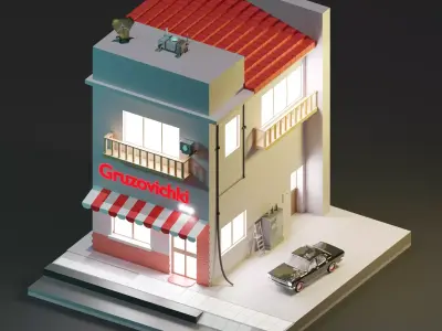 A shop building with car Low-poly 3D model