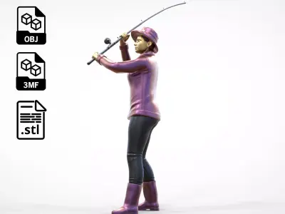 N3 standing Fisher woman with fishing rod 3D print model