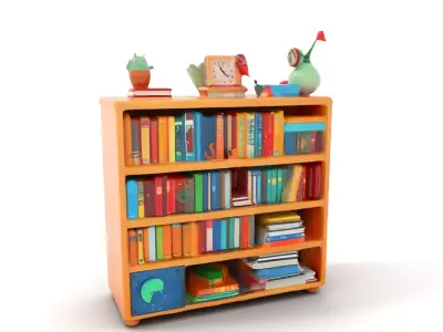 Colorful Wooden Bookshelf Model Pack with Accessories Low-poly 3D model