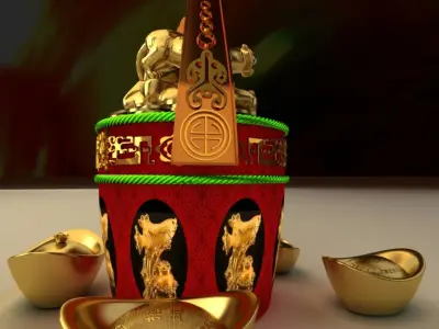 Chinese Gold Ingot with Golden tiger 3D model