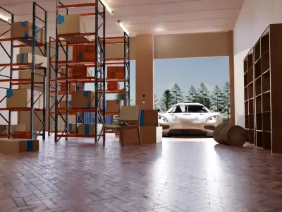 Warehouse full of boxes and Koenigsegg rigged car 3D model