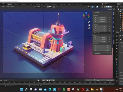 futurama low poly tower and future  car render in blender Low-poly 3D model