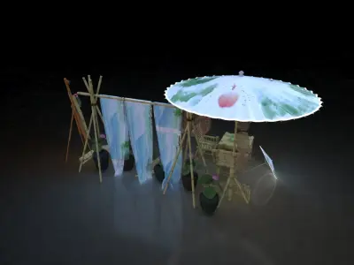 Chinese style beautiful Chen umbrella bamboo table and chair 3D model