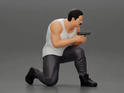 Gangster in pants sitting and holding a gun hides behind the car 3D print model