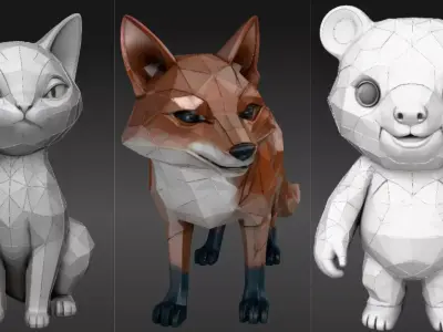 Cat Fox And Bear Three Model Animal Model 3D Print Ready Low-poly 3D model