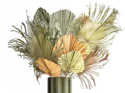 bouquet of dried flowers vase glass palm leaf branch 305 3D model