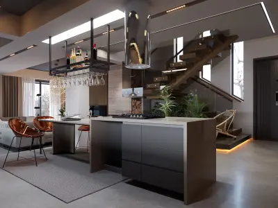 Villa kitchen and living room 3D model