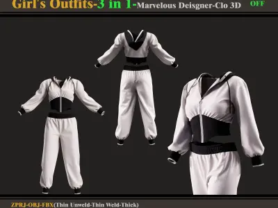 3 in 1 Girls Outfits- Marvelous Designer-Clo3d -OBJ - FBX -ZPRJ 3D model