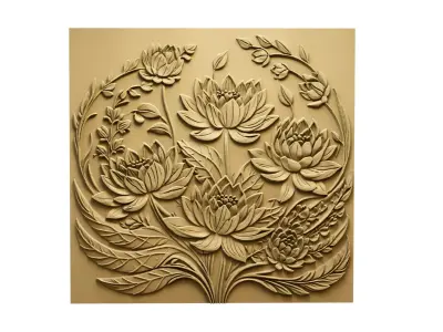 Lotus flowers wall art set relief STL panel carving CNC 262  3D model