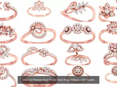 Diamond Women Rose Flower Gold Rings 500pcs 3D Model Pack