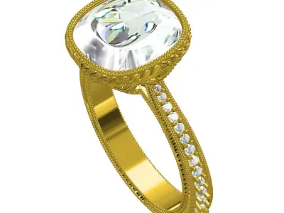 Cushion Cut Single Diamond Art Deco Ring 3D print model