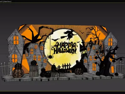Halloween Decorative Scene with Haunted Houses and Pumpkins 3D model
