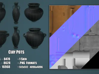 Set of 6 Clay Pots Low-poly 3D model