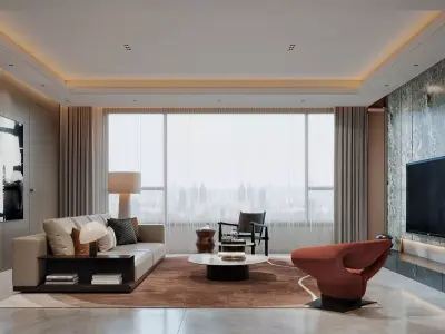 Modern luxury living and dining room interior 3D model purchase