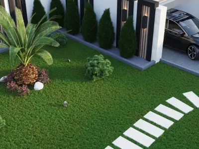 Realistic Villa modern house with pool and lawn Low-poly 3D model