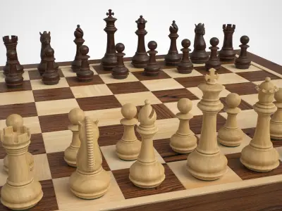 Wooden Chess Set Low-poly 3D model