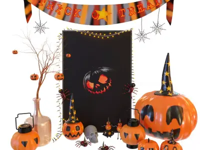 Halloween Decoration Set with Pumpkin Lanterns and Banner 3D model