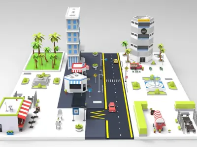 Cartoon City Restaurants And Coffee Low-poly 3D model