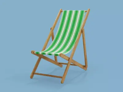 Wooden Folding Beach Chair with Green and White Striped Seat 3D model