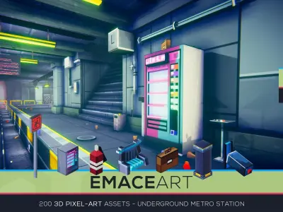 3D Pixel-Art Underground Subway Metro Station level Modular Kit Low-poly 3D model