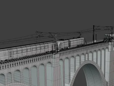 Viaduct with passenger and cargo train II 3D model