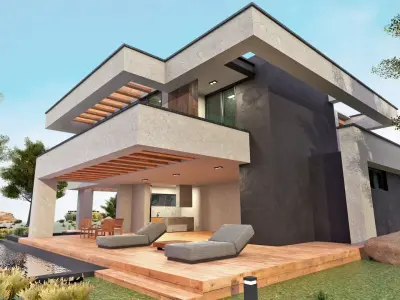 Modern Cozy House with Pool and Parking Low-poly 3D model