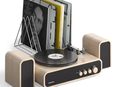 Crosley GIG Vinyl Turntable with speakers and Records 3D model