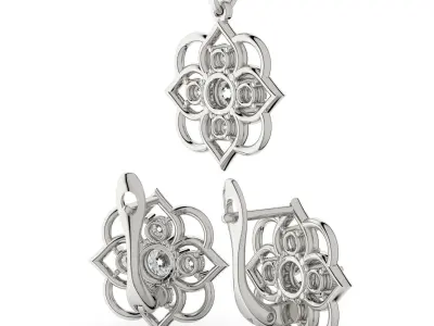Flower shaped jewelry set of earrings and pendant with stones 3D print model