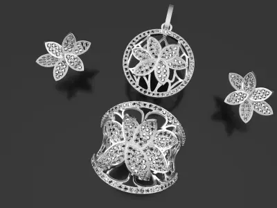 Gold and Diamond Jewelry Collection Ring Pendant Earrings 3D print model