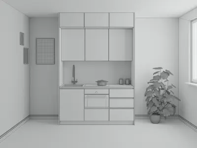 Mini small kitchen walnut white and marble 3D model