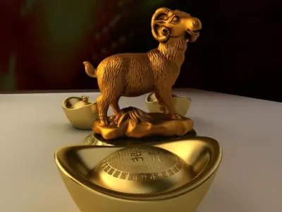 Chinese gold ingot with goat 3D model