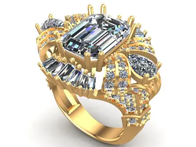 King Crown Big Emerald Cut Diamonds Ring 3D print model