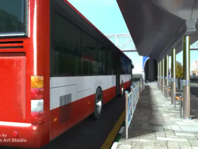  City Bus With interior and Bus Station Low-poly 3D model