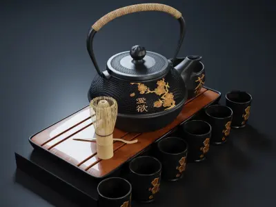 Oriental Tea Set - Teapot and Cups 3D model
