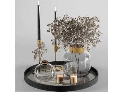 Decorative set 3 tray with candles and glass vases 3D model