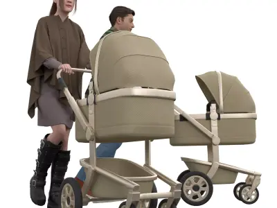 Parents Baby Stroller Low-poly 3D model