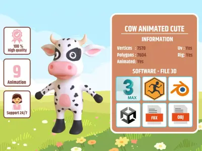 High-Quality 3D Cute Cow - Animated for Games Low-poly 3D model