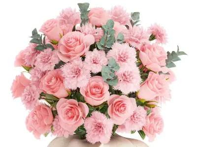 Realistic bouquet pink flowers carnation rose vase decor 3D model