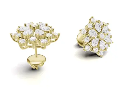 Floral Diamond Stud Earrings with Pear Round Cluster 3D print model