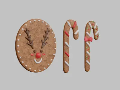 Gingerbread Christmas Cookie 2 - Candy Cane and Reindeer 3D model