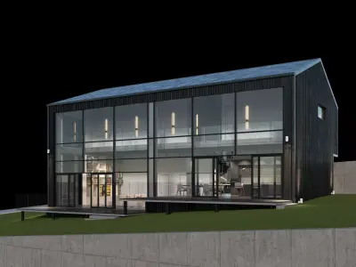 Modern barn house with furniture 3D model