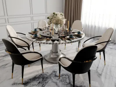 Furniture set dining room with marble floor and chandelier 3D model