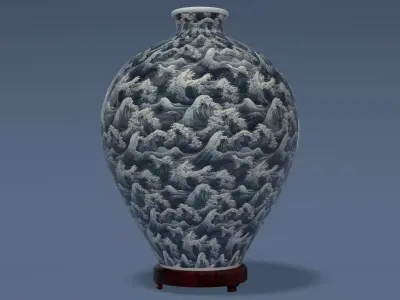 Japanese stormy waves vase Low-poly 3D model