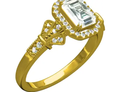 Emerald Stone Round Diamond Halo Art Deco Ring 3D print model