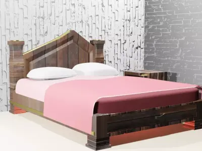 Bed model with sheets and wooden headboard Free 3D model