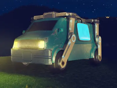 Low-Poly Van truck in grass at night Low-poly 3D model